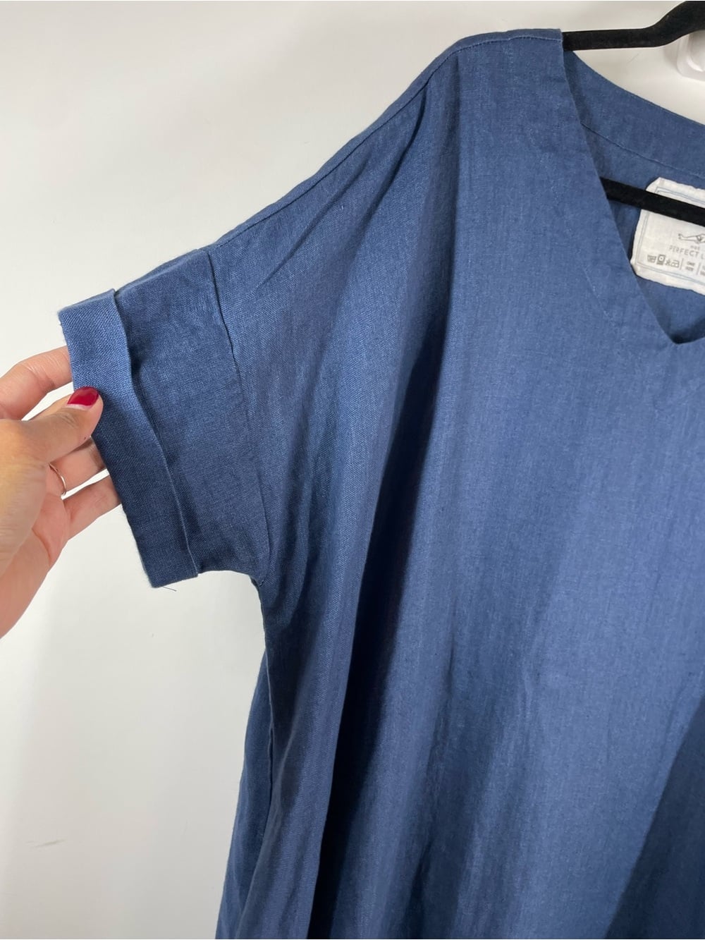 Not Perfect Linen Belted Blue 100% Linen Midi Dress One Size Lagenlook Minimal — image 7 of 8
